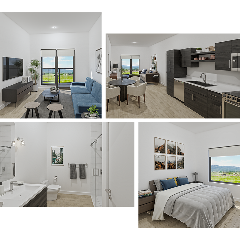 Apartment kitchen highlighting appliances and design features